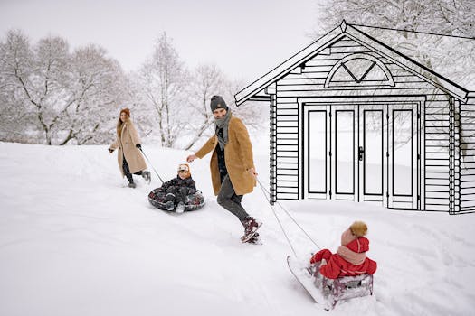Anneks tegnet inn i vinterlandskap med familie