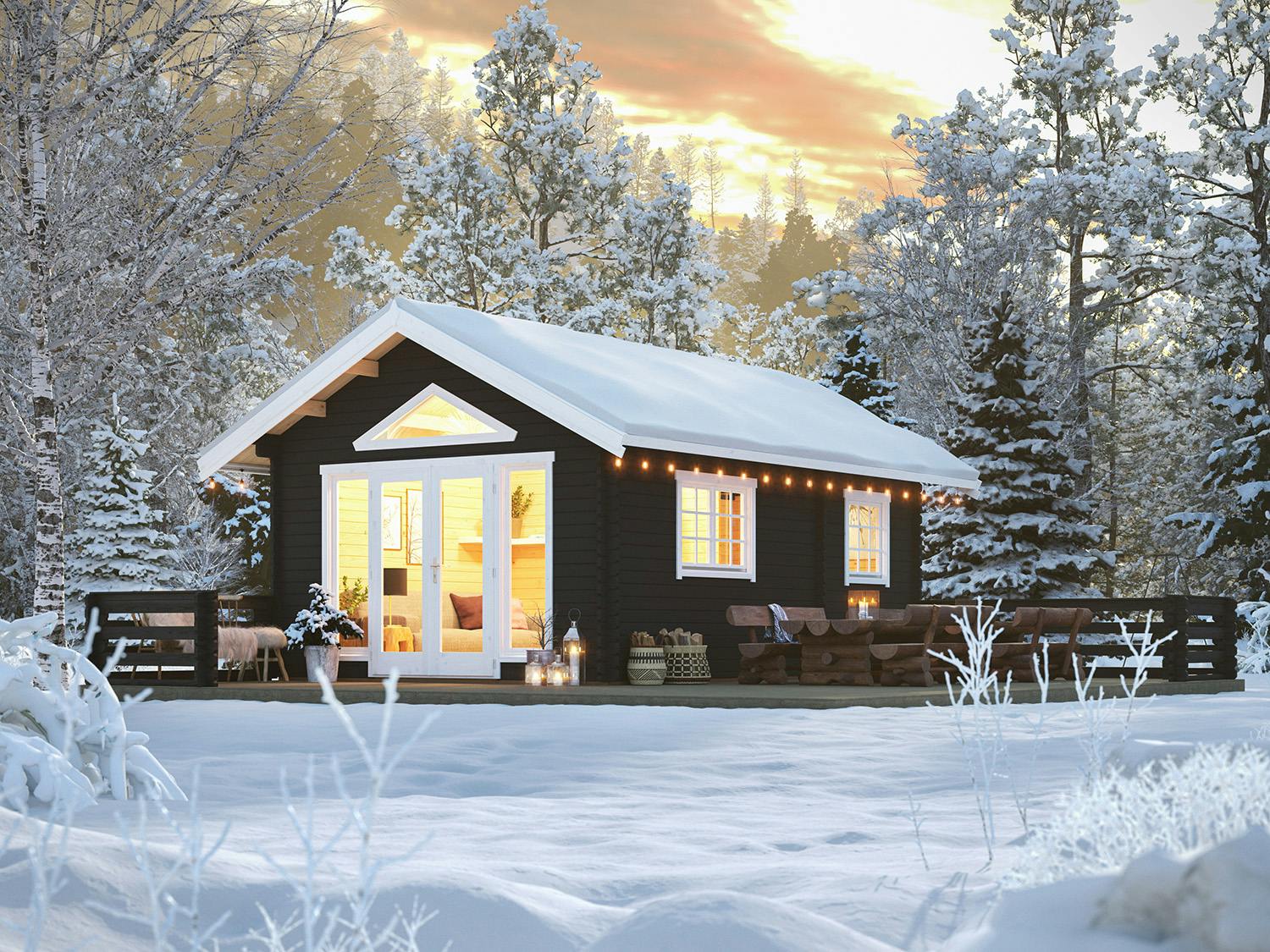 illustrert liten hytte i vinterlandskap