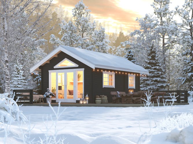 illustrert liten hytte i vinterlandskap